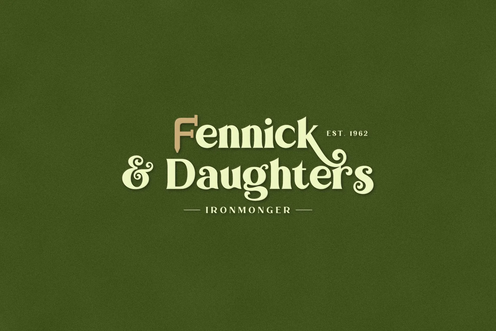 The Fennick & Daughters logo embossed in cream, with a gold nail for the F, on olive green paper