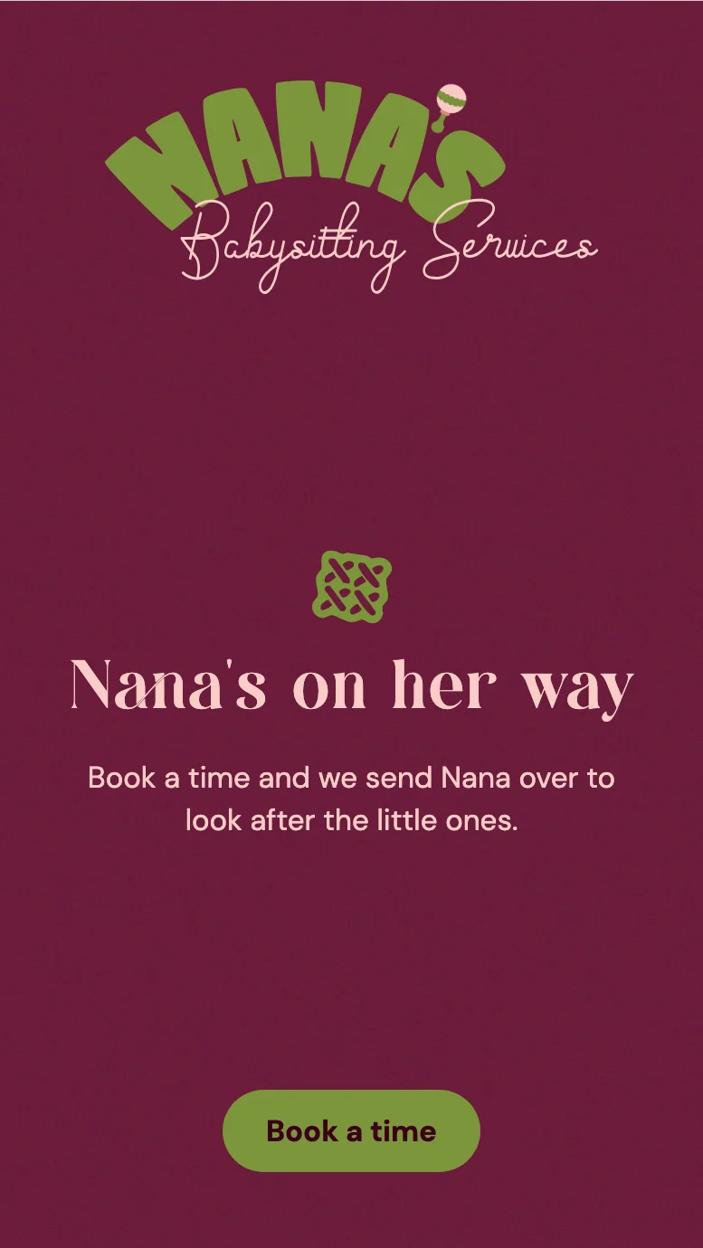 Story: the reversed logo, a stitch kiss, Nana's on her way, and a Book a time button, on damson
