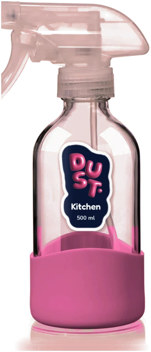 Dust Kitchen spray in a glass bottle with an orchid sleeve