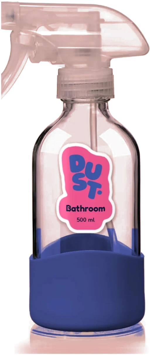 Dust Bathroom spray in a glass bottle with a cobalt sleeve