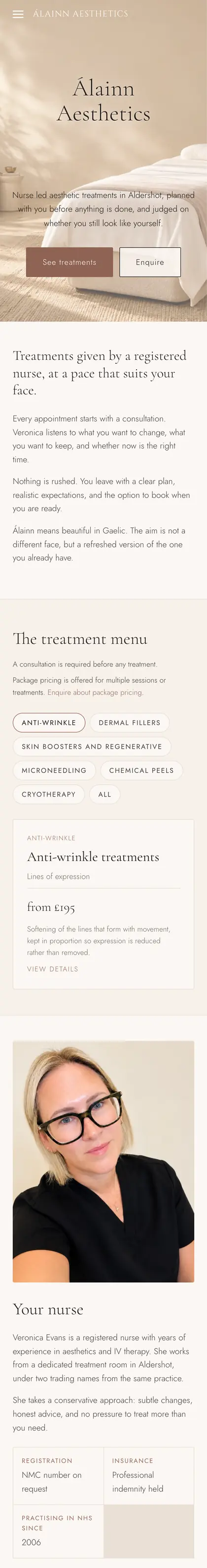 Álainn Aesthetics on a phone, from the clinic hero down through the treatment menu