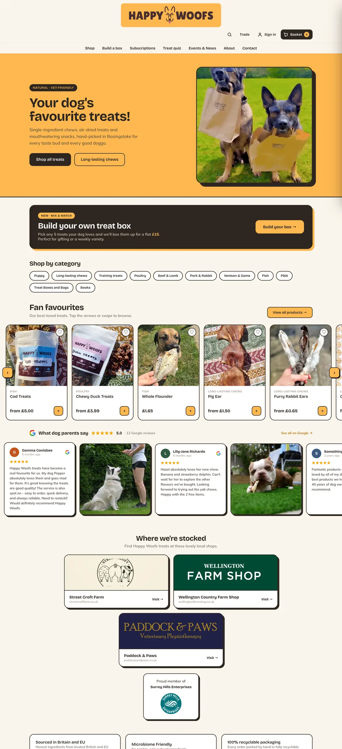 The Happy Woofs shop, from the treats hero down through build-a-box, categories and stockists