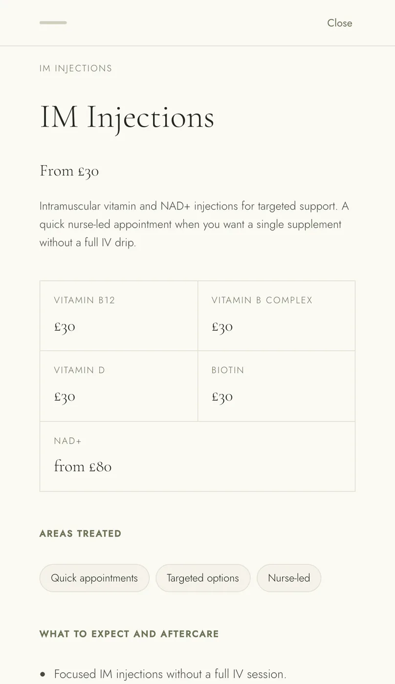 The IM Injections detail drawer, with per-vitamin pricing and what to expect