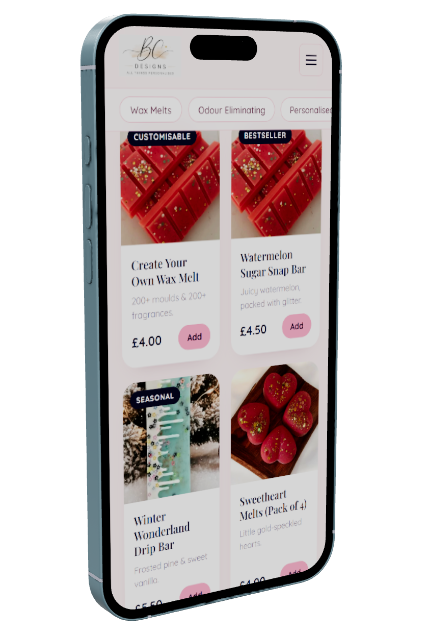 BC Designs wax melts shop on mobile