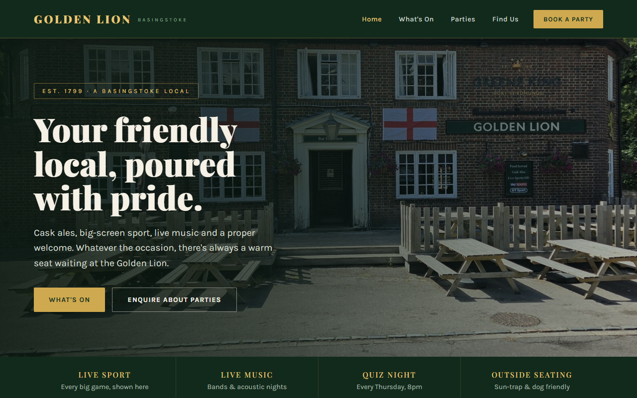 The Golden Lion homepage with pub exterior hero, welcome copy, and cask ale feature strip