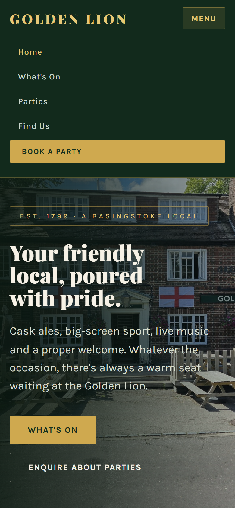 The Golden Lion site with mobile navigation open