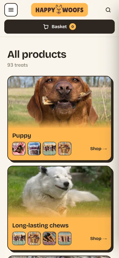 Happy Woofs shop on mobile with product grid and category tiles