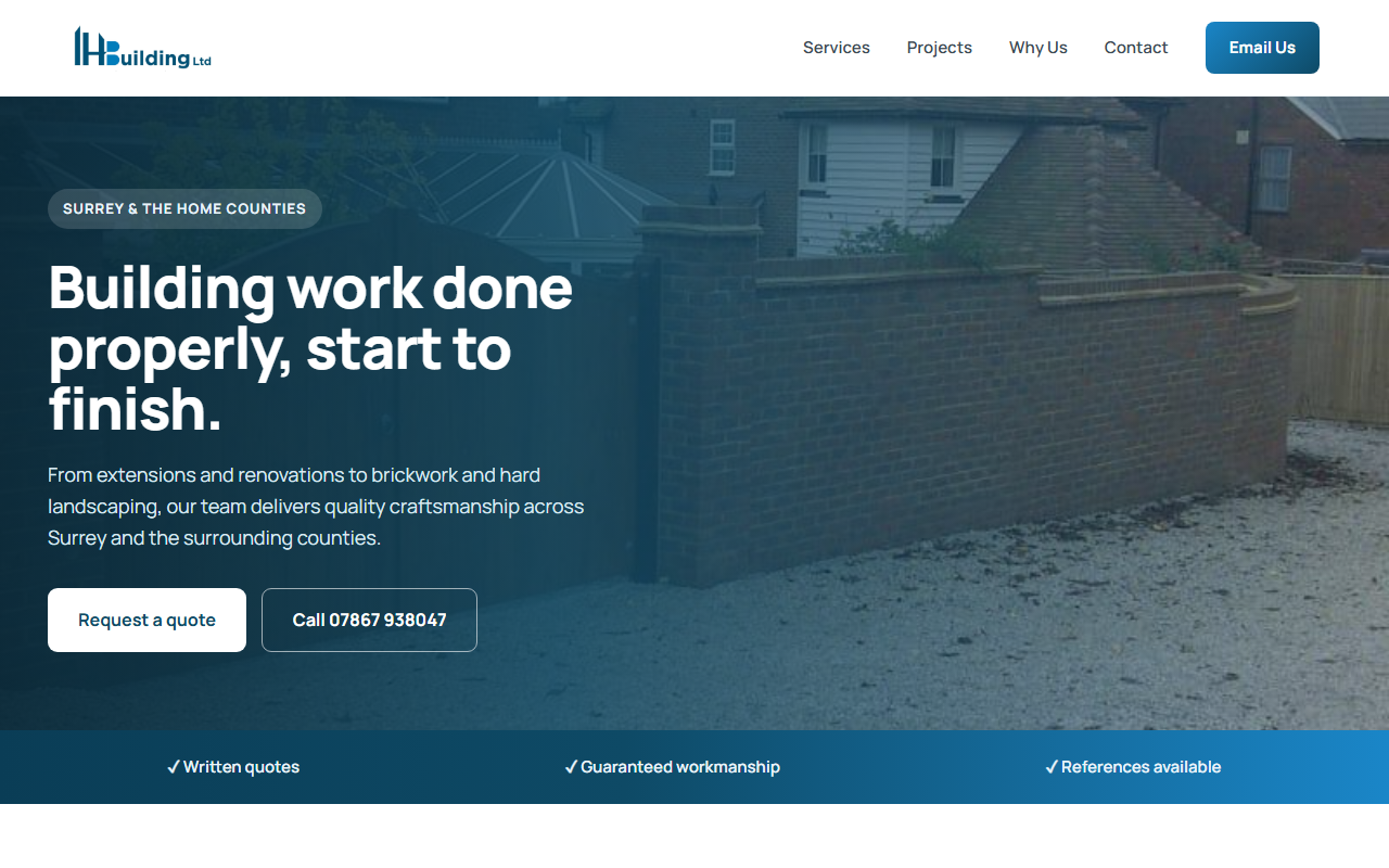 IH Build homepage with brick and driveway photography, headline about building work done properly, and request a quote button