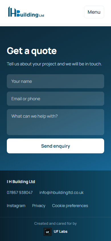 IH Build quote form on mobile with name, contact, and message fields