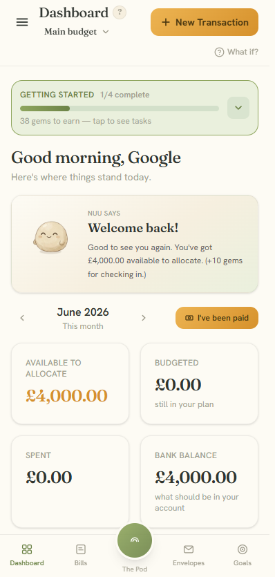 Nuumey web app dashboard with available to allocate, budget tiles, and bottom navigation
