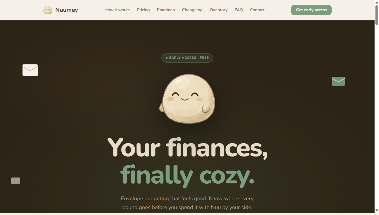 Nuumey marketing site hero with early access call to action and Nuu mascot