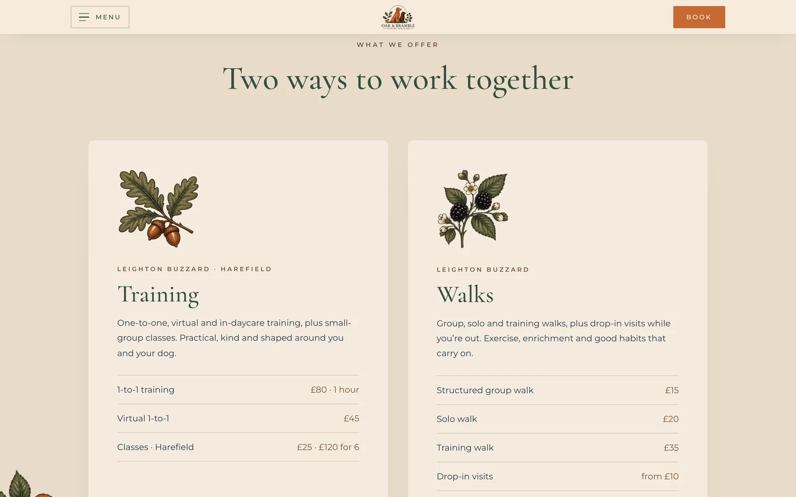 Two ways to work together: a Training card with an oak sprig and a Walks card with a bramble sprig, each listing its prices