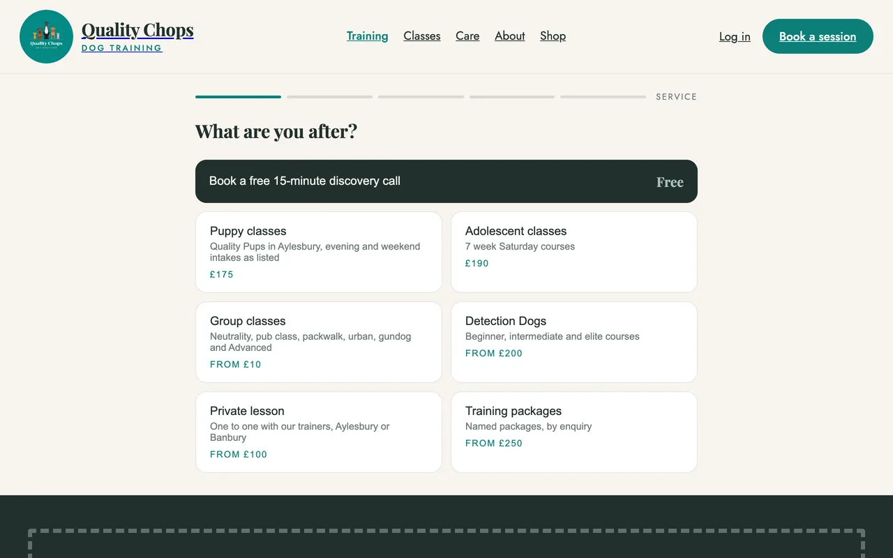 The booking flow asking what are you after, with discovery call, puppy classes, group classes and private lessons