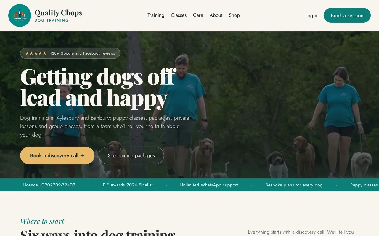 The Quality Chops homepage with the hero photograph and the six ways into dog training