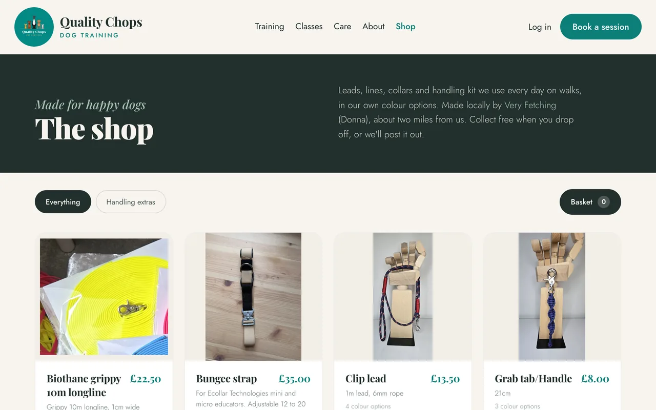 The Quality Chops shop, with handmade leads and collars, colour options and add to basket