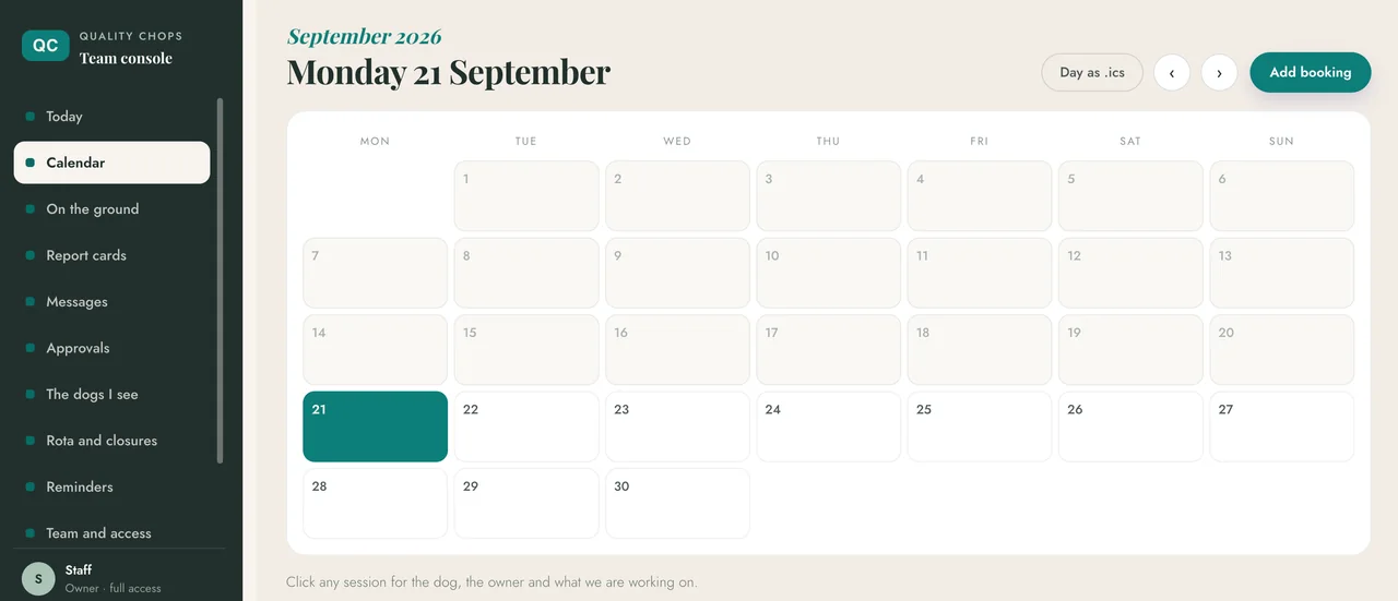 The Quality Chops team console, with the month calendar, the day export and the sidebar for report cards, approvals, rota and reminders