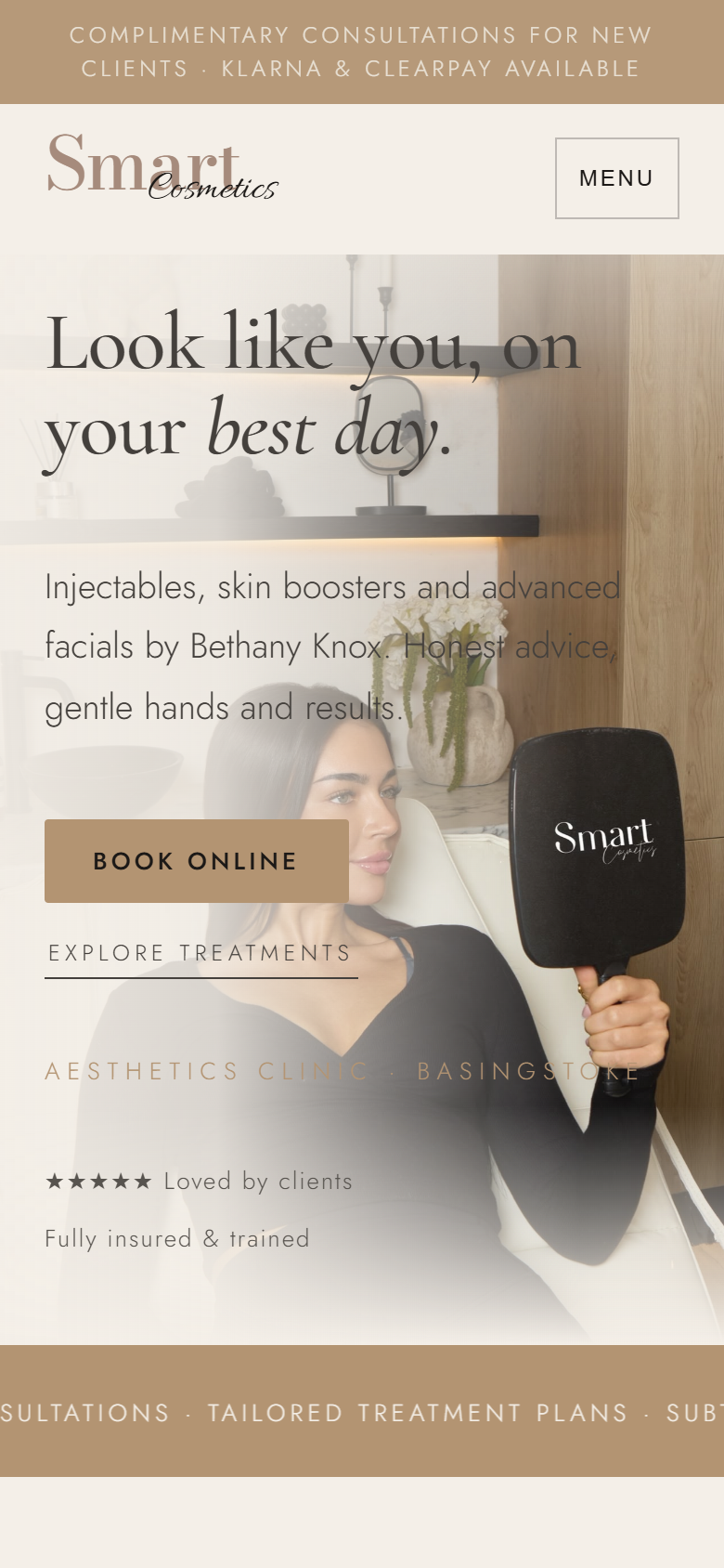 Smart Cosmetics homepage on mobile