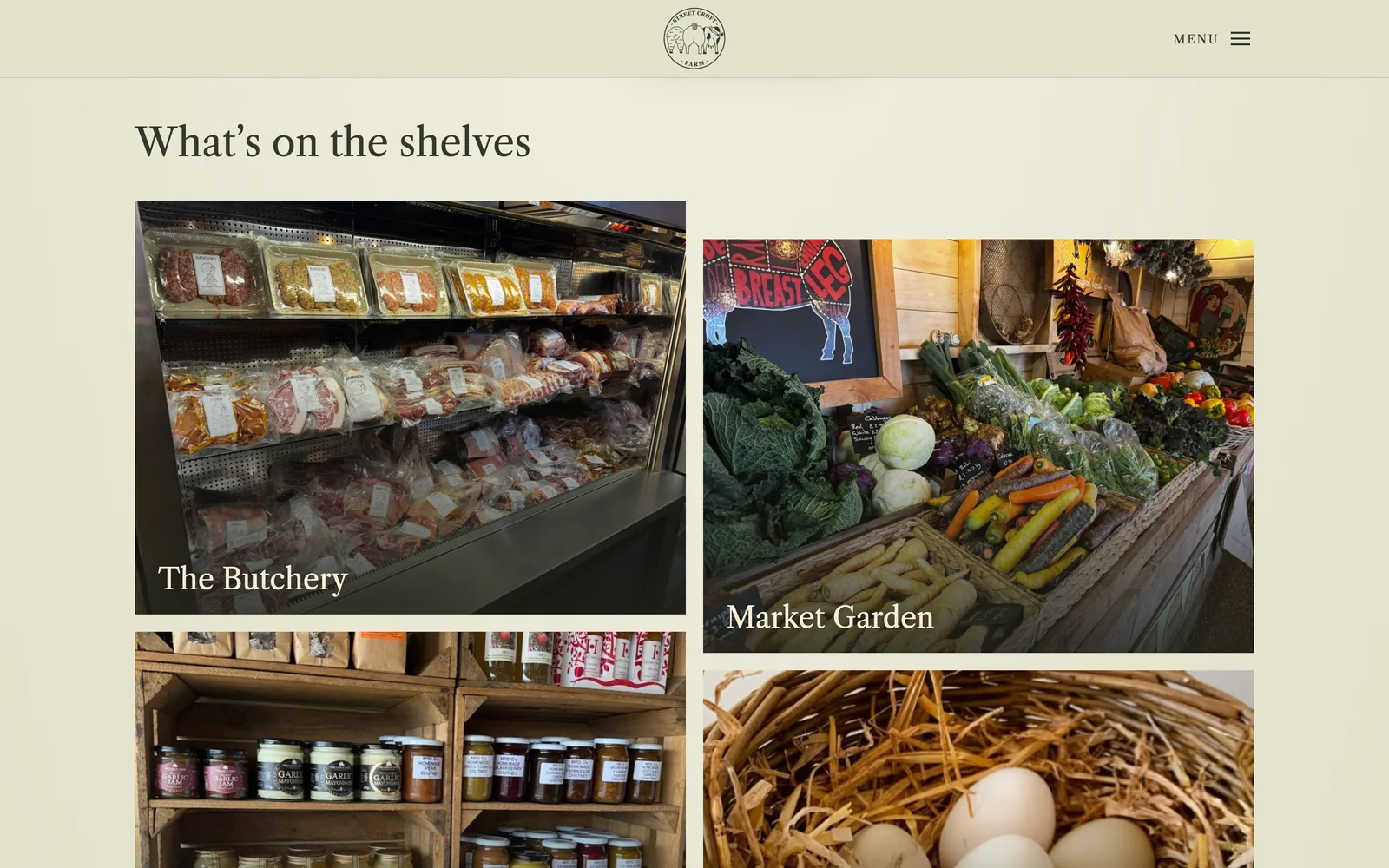 What's on the shelves in the farm shop: The Butchery, the Market Garden, the larder and free-range eggs, each a photograph with its own label