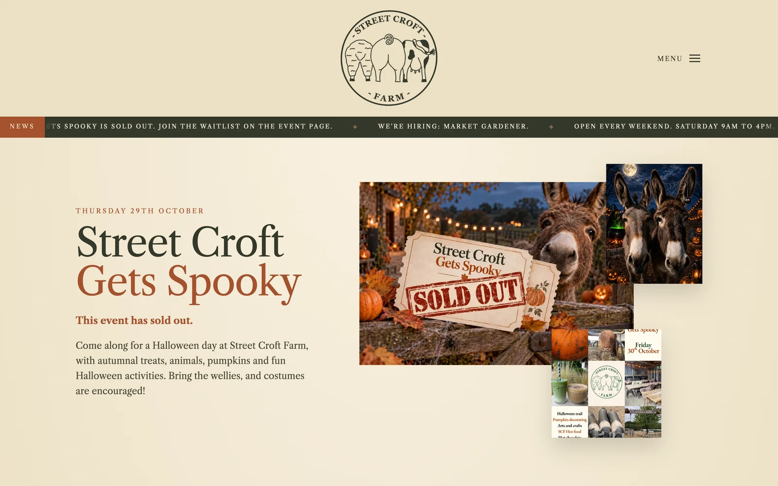 The Street Croft Gets Spooky event page, with the campaign artwork stamped Sold Out and the line This event has sold out