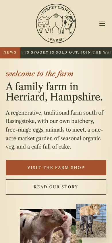 The Street Croft Farm homepage on a phone, with the farm stamp and the family farm in Herriard welcome