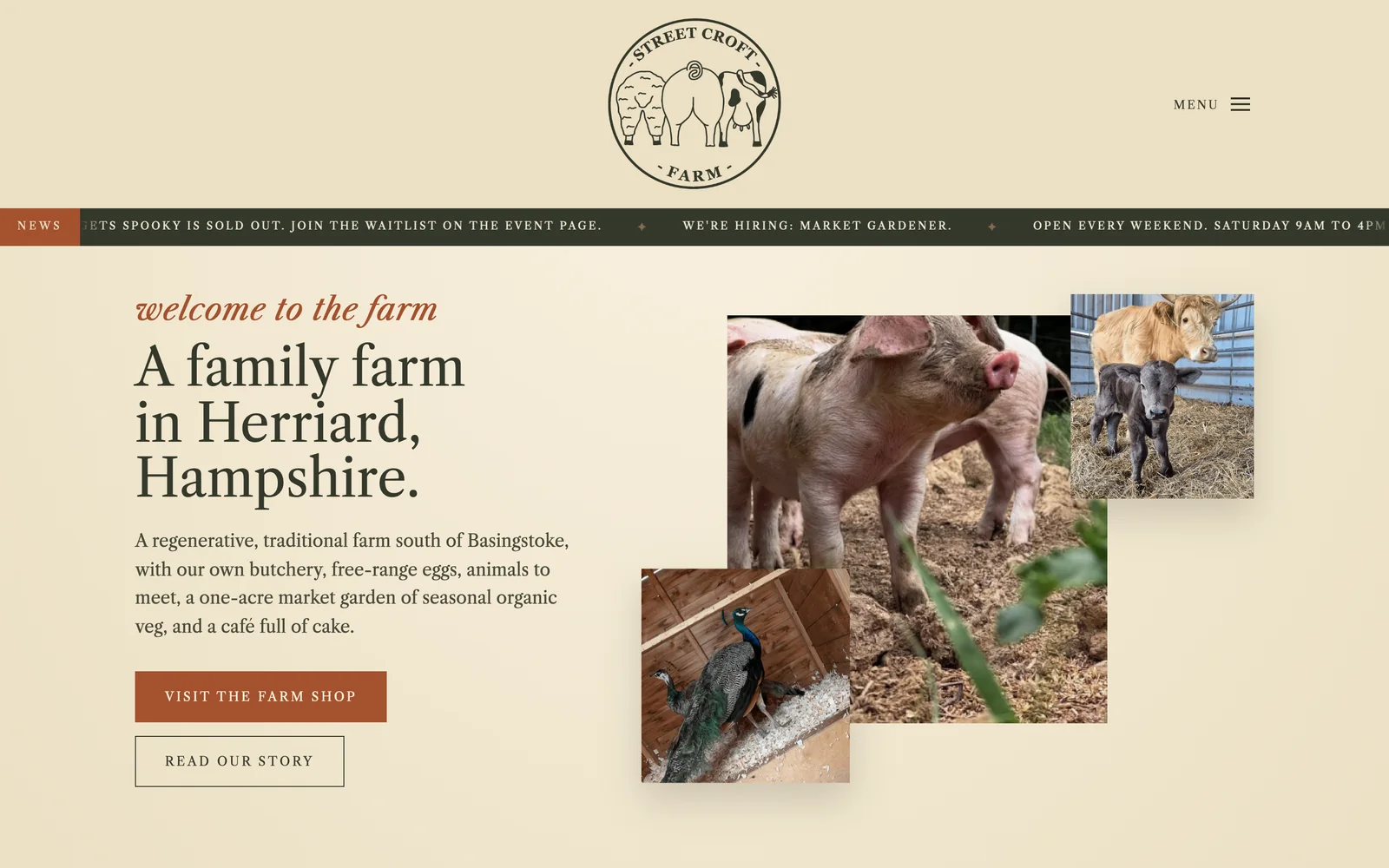The Street Croft Farm homepage, with the round farm stamp, a news ticker, the line A family farm in Herriard, Hampshire, and a collage of the pigs, a calf and a peacock
