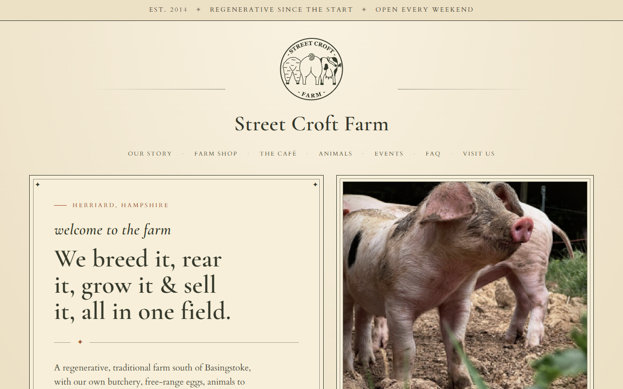 Street Croft Farm homepage with farm photography, welcome headline, and explore the farm cards