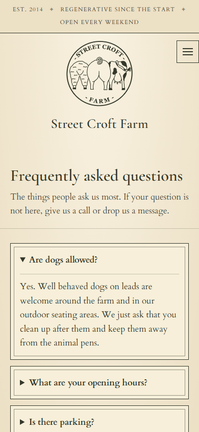 Street Croft Farm FAQ page on a mobile viewport