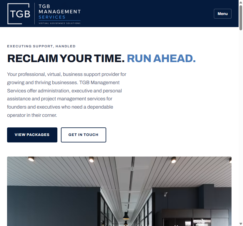 TGB Management Services homepage with hero headline, call to action buttons, and office photography