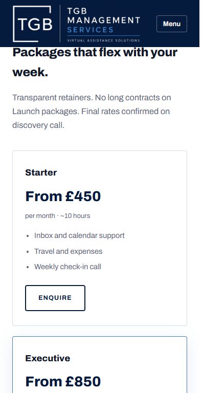 TGB Management Services pricing packages on a mobile viewport